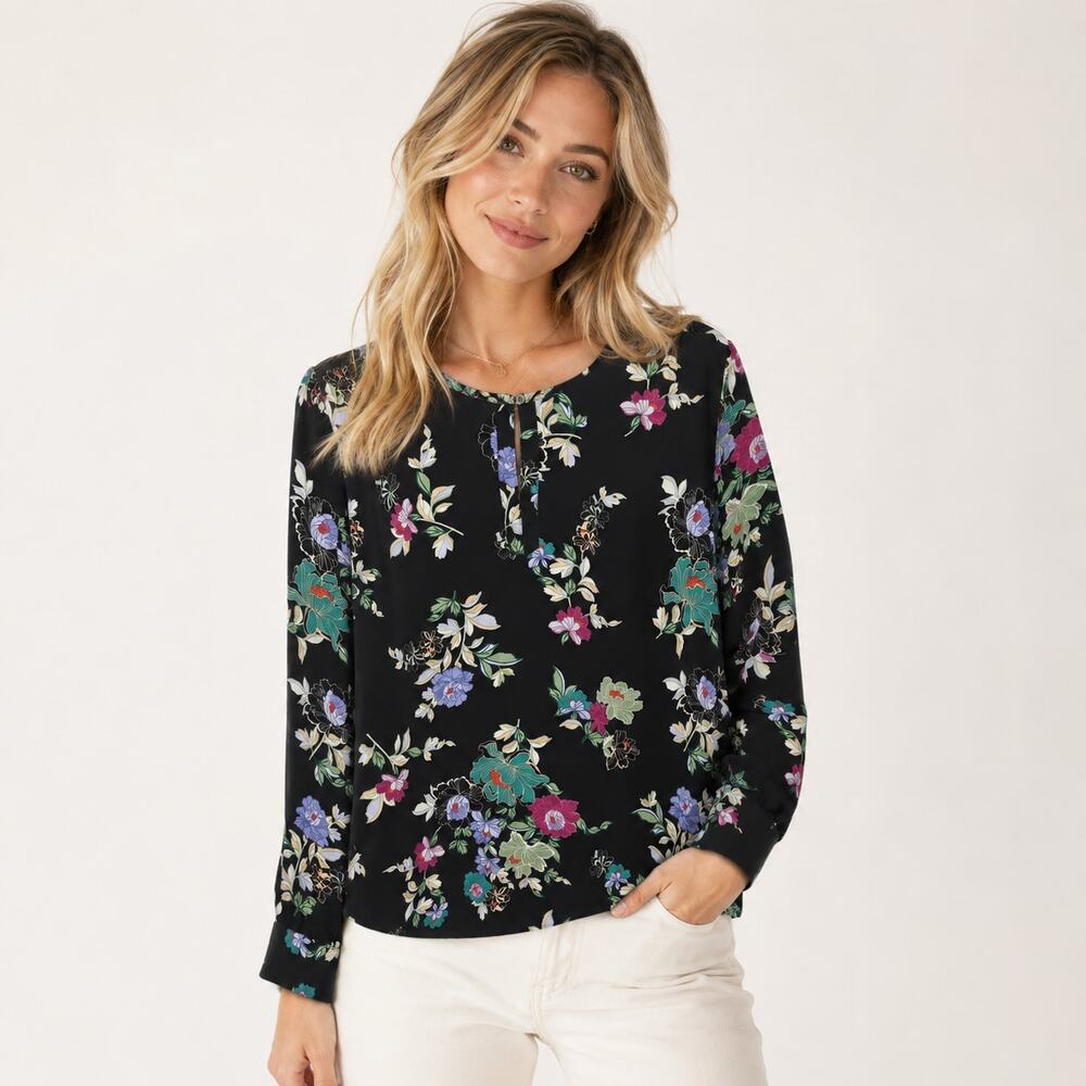 Loft Long Sleeve Blouse Women's Size XL Black Floral Cottage Sheer Whimsigoth
